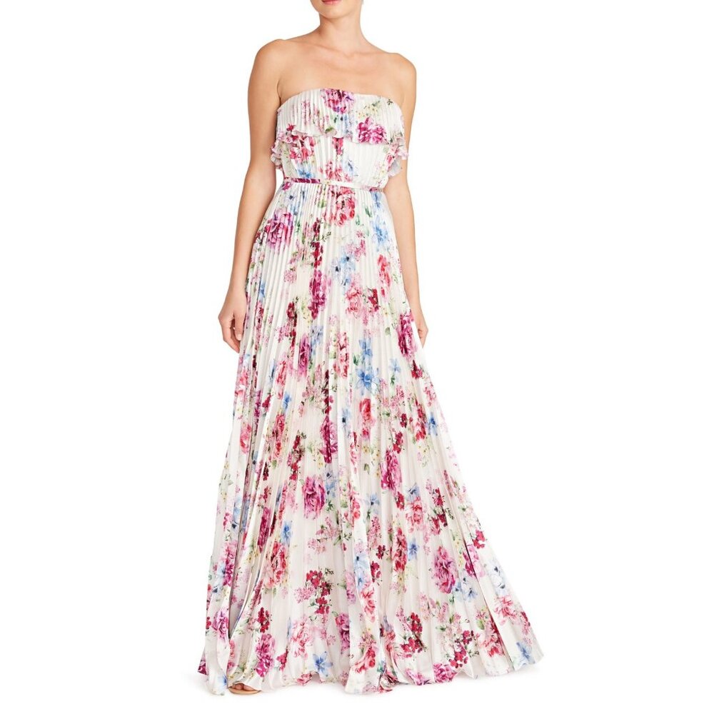 NWT ML Monique Lhuillier Strapless Satin Long Pleated Dress in Peony Dream